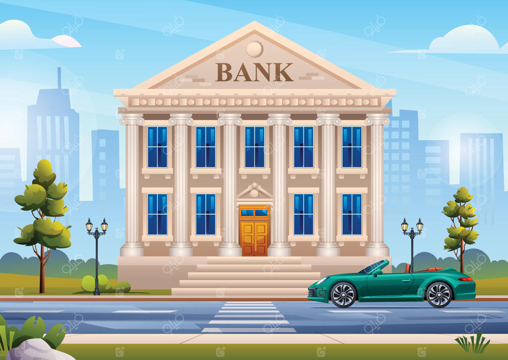 ساختمان بانک با پس‌زمینه ماشین و چشم‌انداز شهری. تصویرسازی کارتونی وکتوری