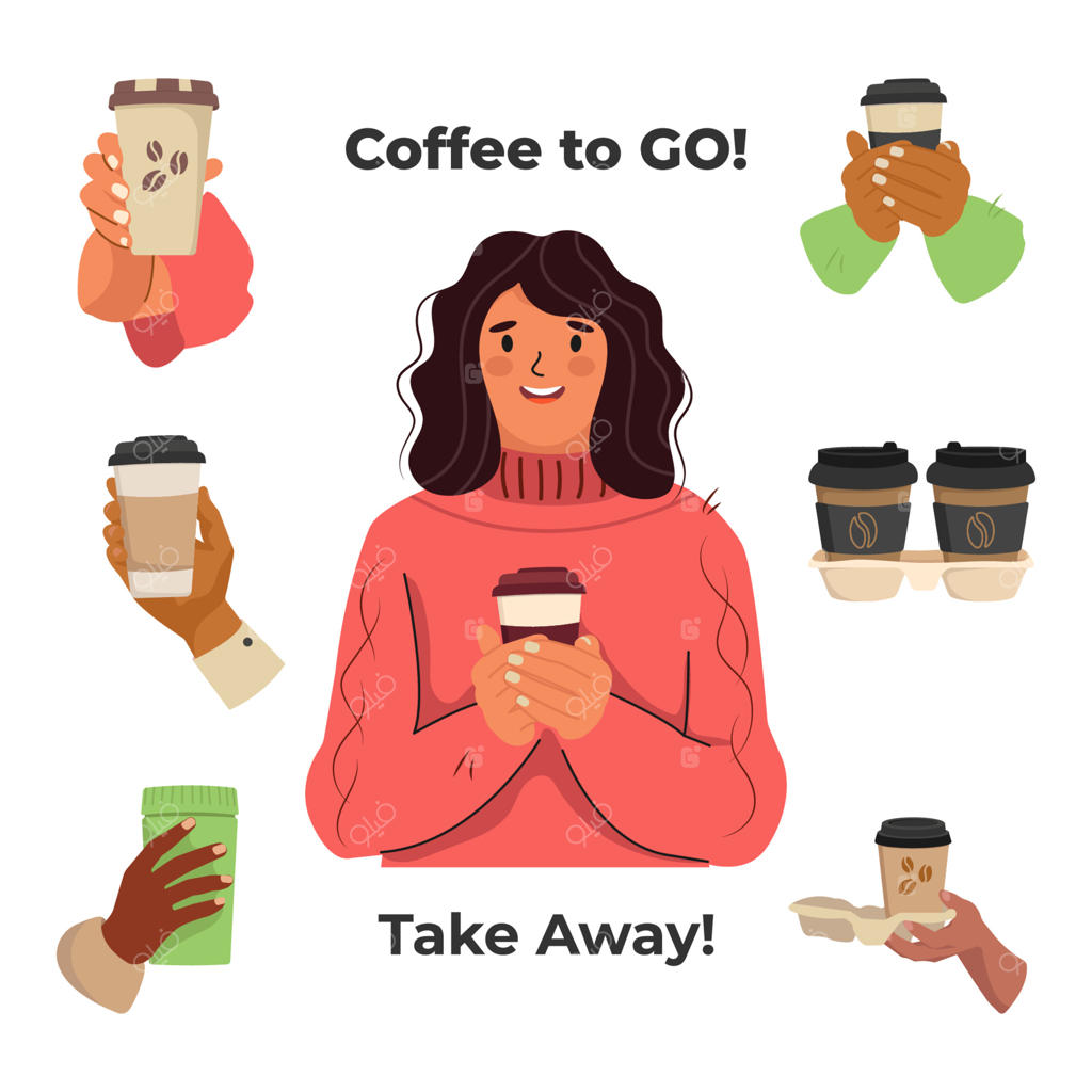 مجموعه‌ای از عناصر طراحی: قهوه بیرون‌بر. تصویر برداری به سبک کارتونی بر روی زمینه سفید.