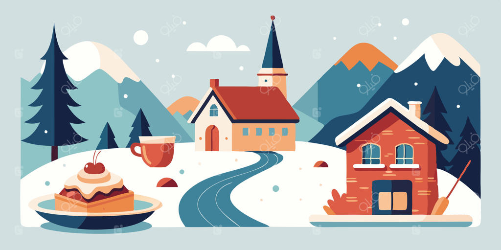 منظره زمستانی با یک خانه، فنجان قهوه و کیک