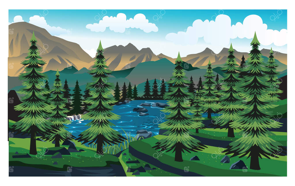 منظره کوه و دریاچه با درختان کاج