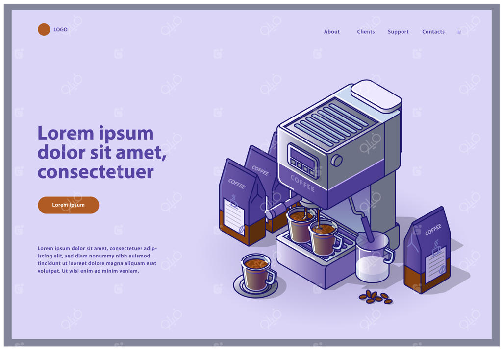 صفحه فرود صنعت قهوه: دستگاه قهوه‌ساز، بسته‌های قهوه، شیر و فنجان‌ها در سبک ایزومتریک