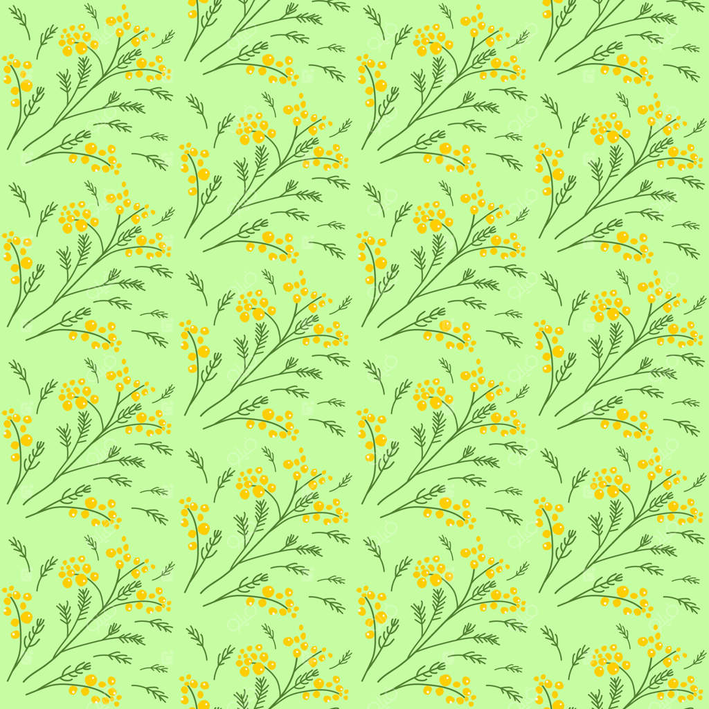 نخستین شکوفایی بهار در جنگل و درختان باغ با گل‌های زرد میموزا، پترن یکپارچه طراحی شده با دست.