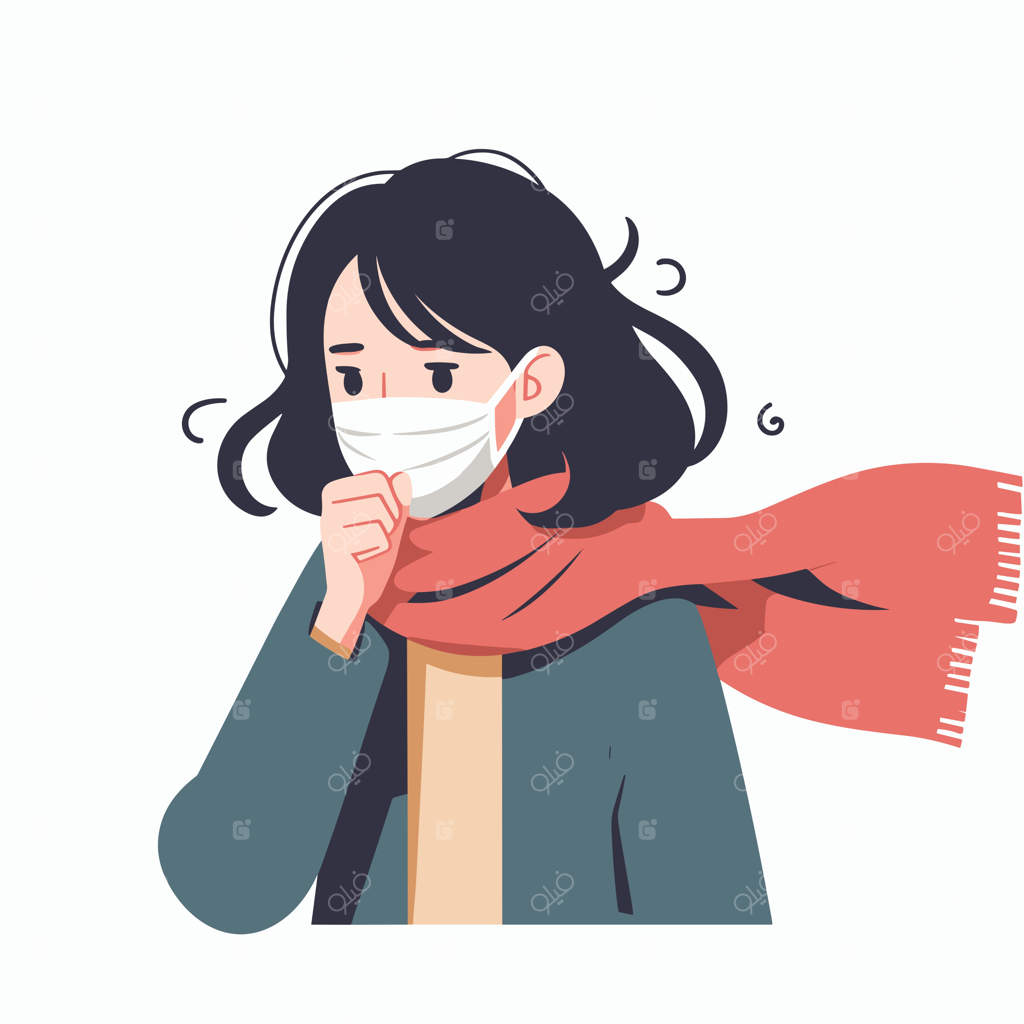 زن جوان با ماسک شال به دلیل سرفه - تصویرسازی برداری بر روی پس‌زمینه سفید