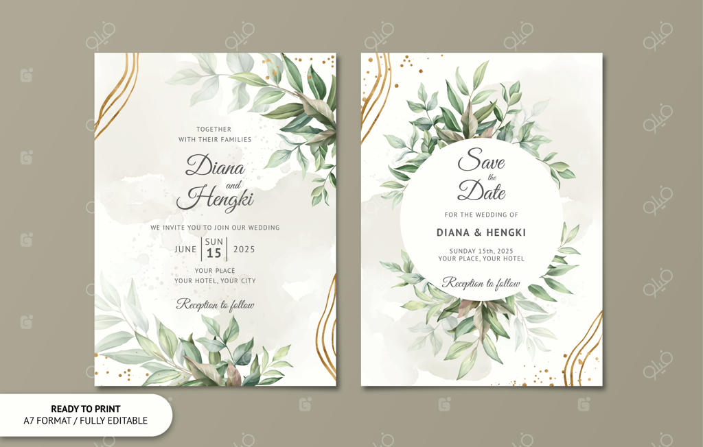 قالب کارت دعوت عروسی با برگ‌های آبرنگی طلایی