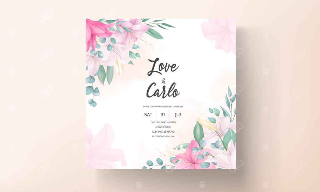 کارت دعوت عروسی رمانتیک با گل‌های لیلیوم و برگ‌های زیبا