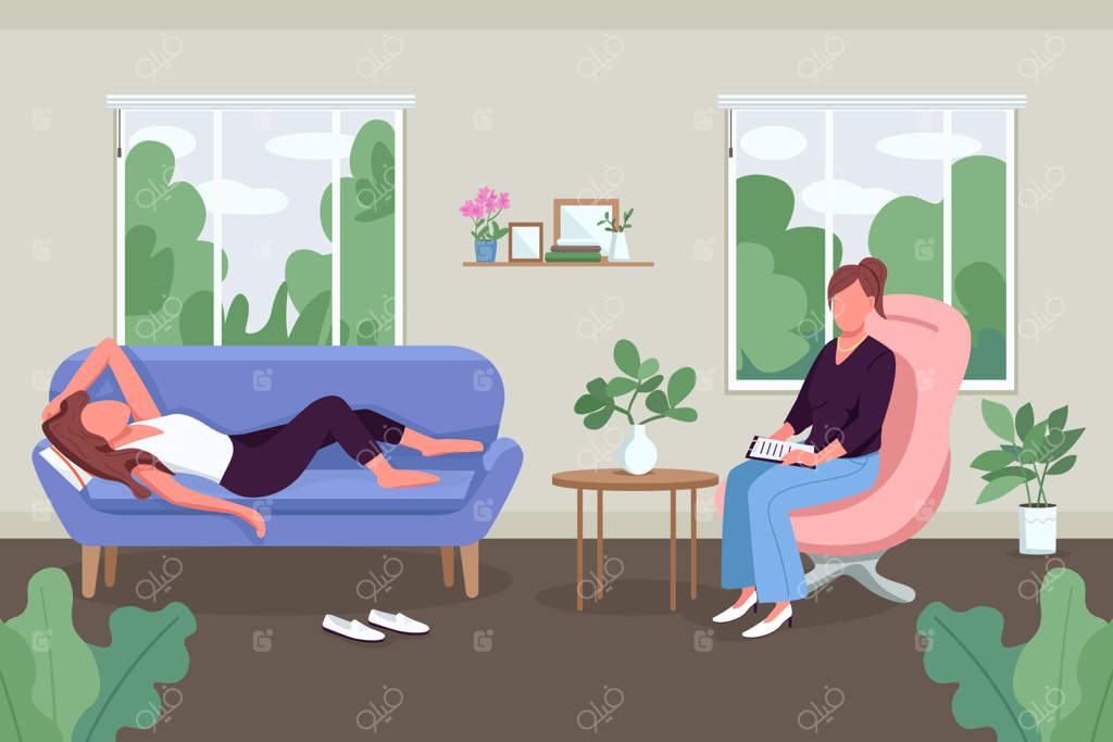 مراقبت از سلامت روان: کارتون دوبعدی از یک روان‌درمان‌گر حرفه‌ای در حال کمک به یک مراجع زن. حمایت عاطفی با پس‌زمینه اتاق مشاوره