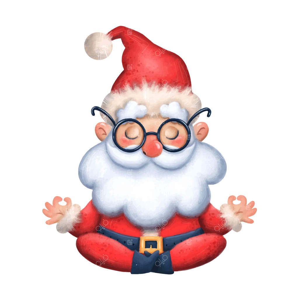 تصویر یک بابانوئل بامزه کارتونی که یوگا انجام می‌دهد. بابانوئل در حال مدیتیشن است.