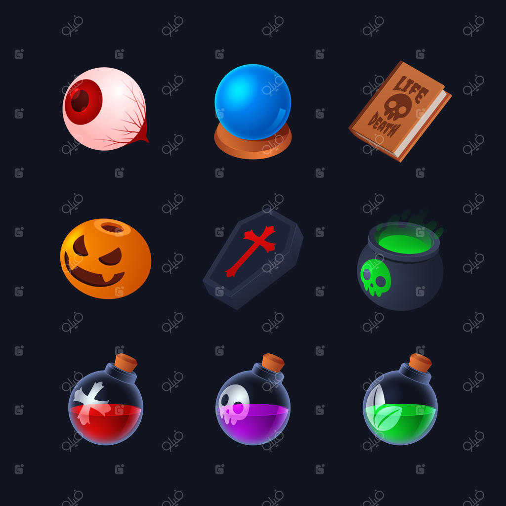 مجموعه آیکون‌های بازی عناصر جادویی در گرادینت رنگارنگ