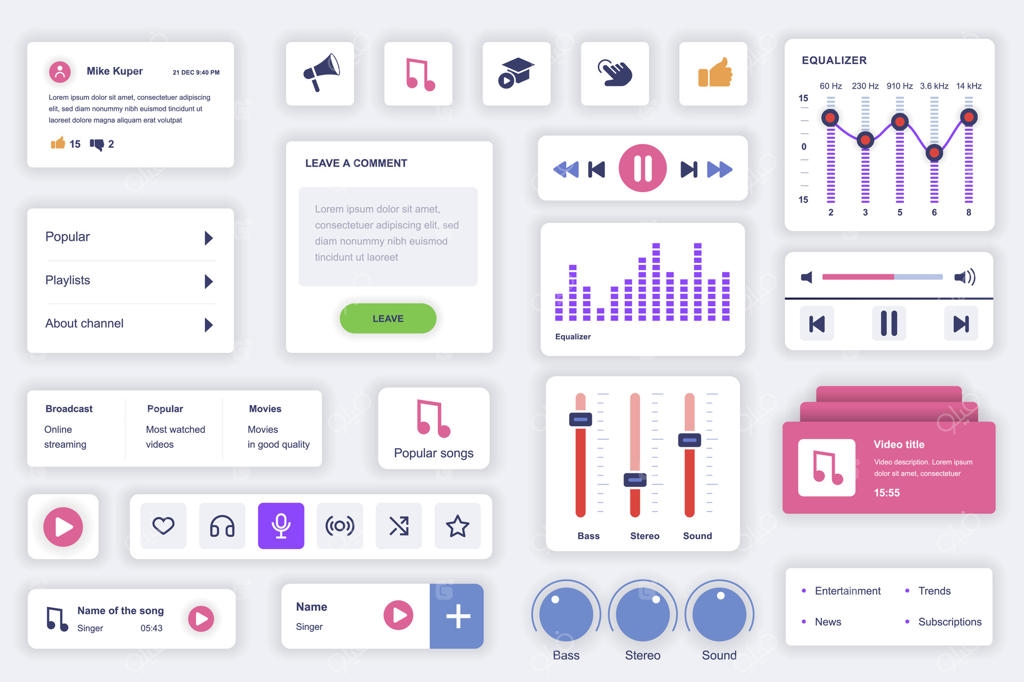 مجموعه المان‌های رابط کاربری اپلیکیشن موزیک؛ قالب کیت شامل نمودارهای HUD، دکمه پخش، لیست پخش، برادکست، تنظیمات اکولایزر و حساب کاربری. بسته صفحات UI ،UX و GUI وکتور.