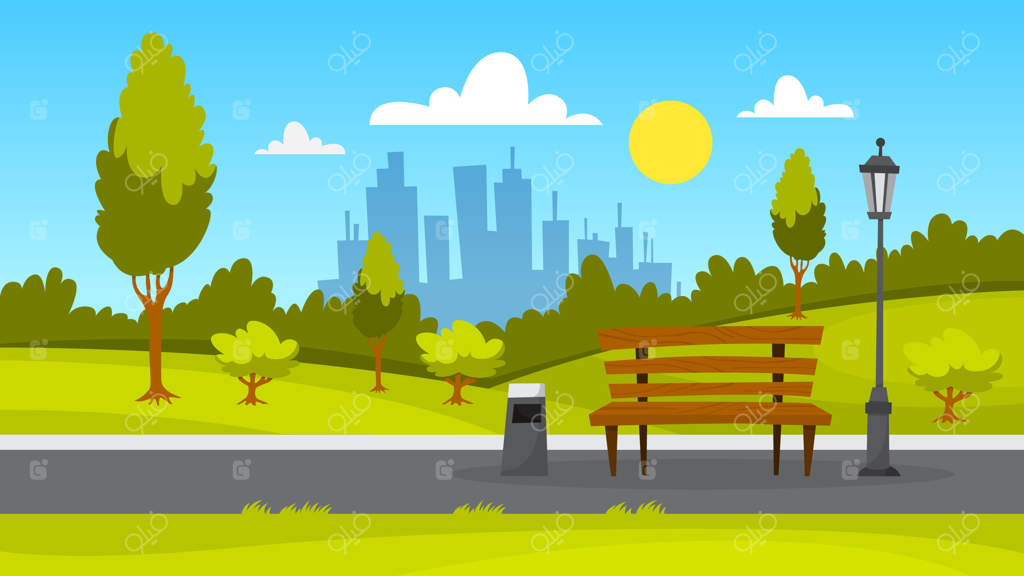 چشم‌انداز پارک شهری: چمن سبز، نیمکت و درختان
