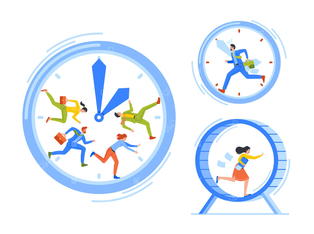 مفهوم زمان به عنوان منبع ارزشمند زندگی: مرد تاجر در حال دویدن سریع در یک ساعت زنگ‌دار بزرگ، عجله در کار