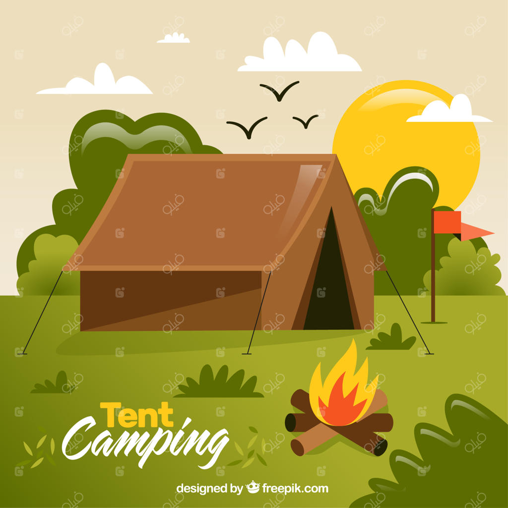 چادر قهوه‌ای کمپینگ کشیده شده با دست در جنگل