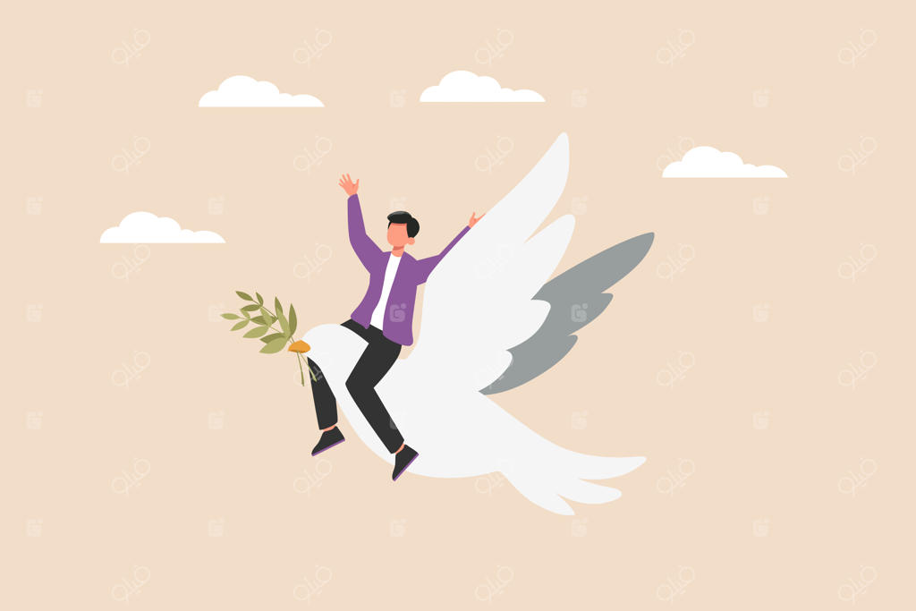 پسر جوان خوشحال بر روی کبوتر سفید در روز جهانی صلح - مفهوم روز صلح با طراحی گرافیکی وکتور رنگی