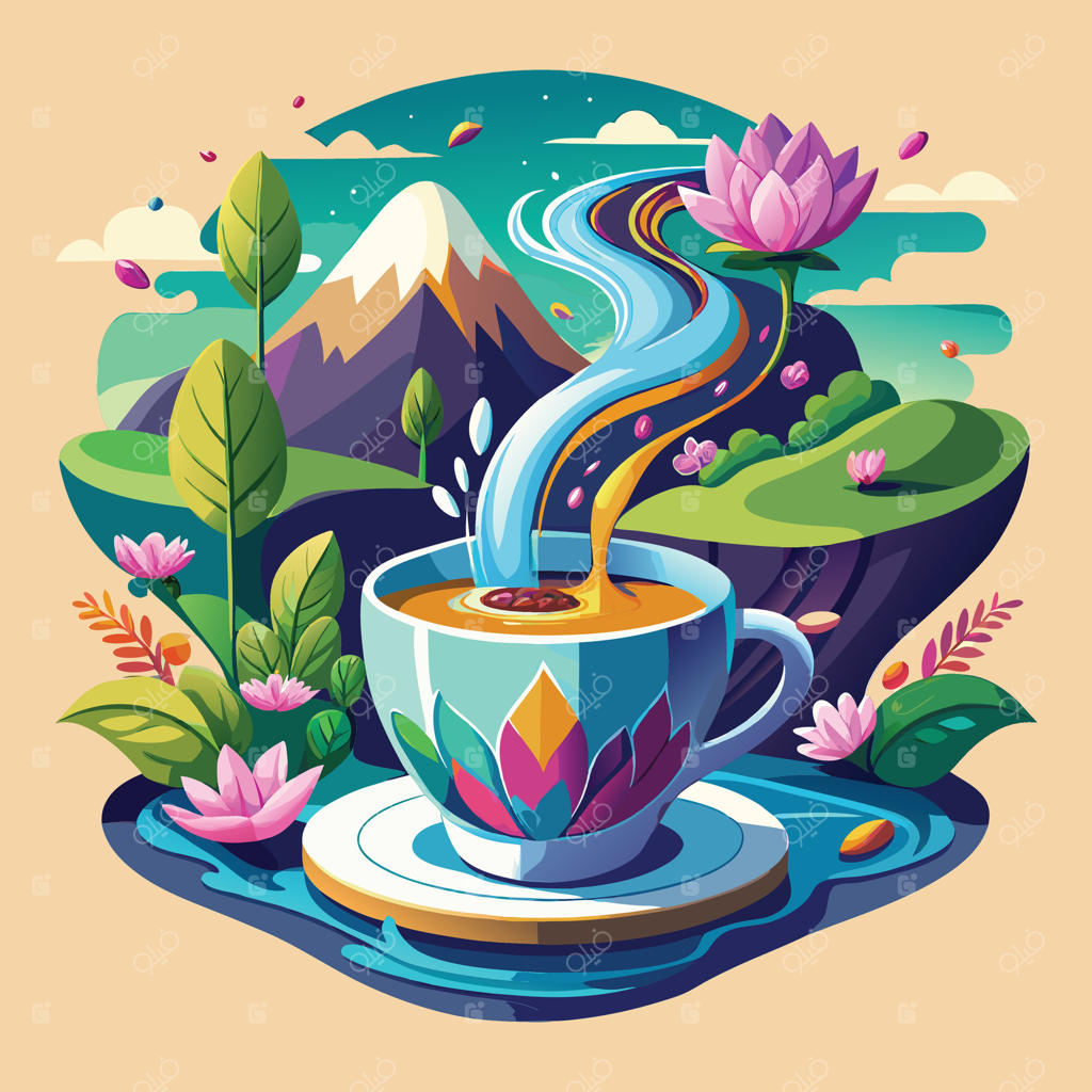 یک فنجان قهوه و کوهی در پس زمینه