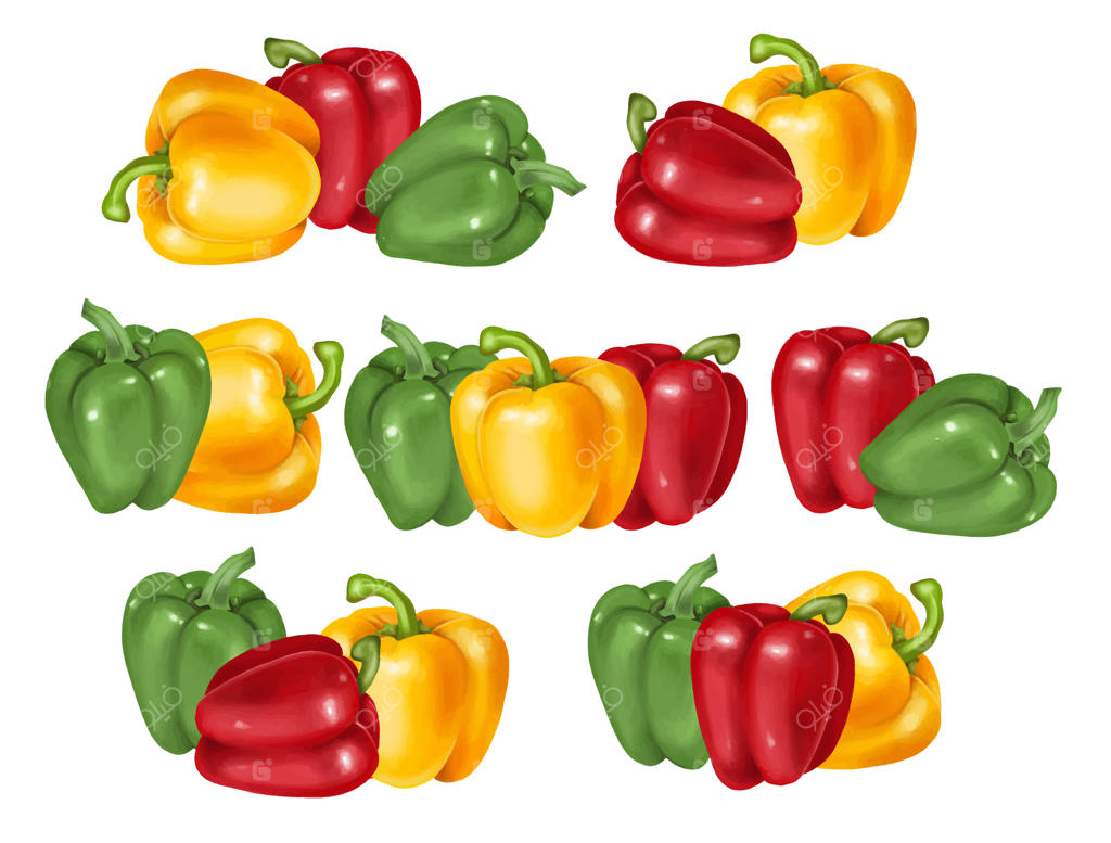 ترکیبی از فلفل دلمه‌ای سبز، قرمز و زرد - طراحی دستی، جدا شده از پس‌زمینه