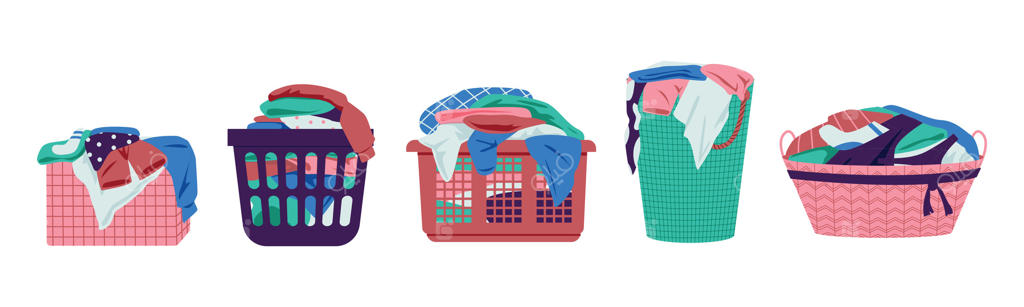 سبد لباسشویی با لباس‌ها: سبد حصیری و بافته شده خانه‌دار با لباس‌های کثیف، سبدی پر از جوراب و تی‌شرت. مجموعه کارتونی وکتور