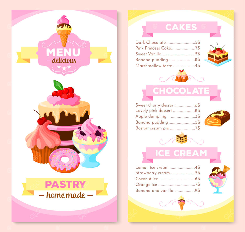 قالب منوی وکتور برای کیک‌های خانگی و شیرینی‌ها
