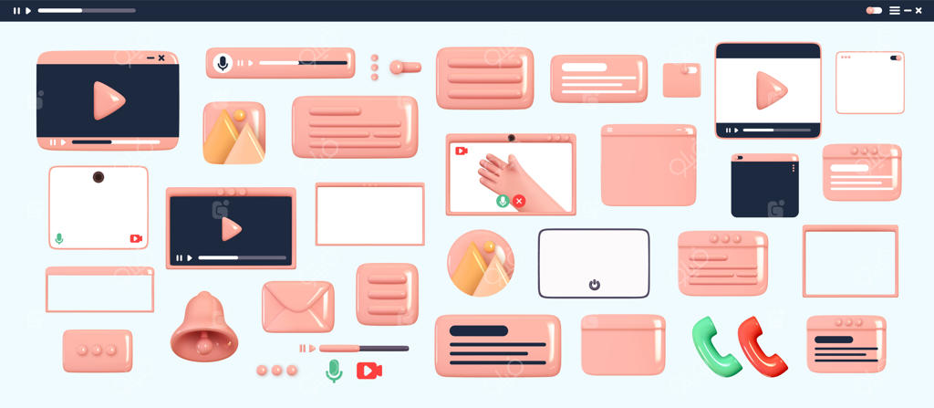 طراحی مجموعه‌ای برای اپ‌ها و وب‌سایت‌ها: نوار پیمایش برای پخش‌کننده. قالب‌های آیکون رنگارنگ با قاب پخش‌کننده ویدیو. اشیاء سه‌بعدی واقعی برای شبکه‌های اجتماعی. تصویرسازی وکتور.