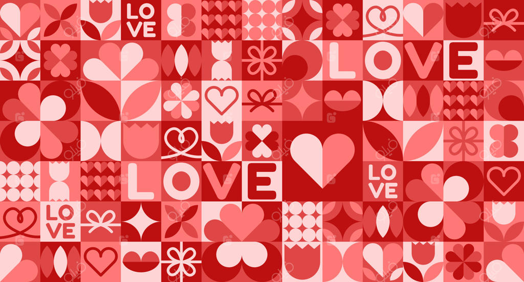 طرح یکپارچه روز ولنتاین با طراحی‌های مدرن و هندسی از قلب‌ها و نمادهای عشق.