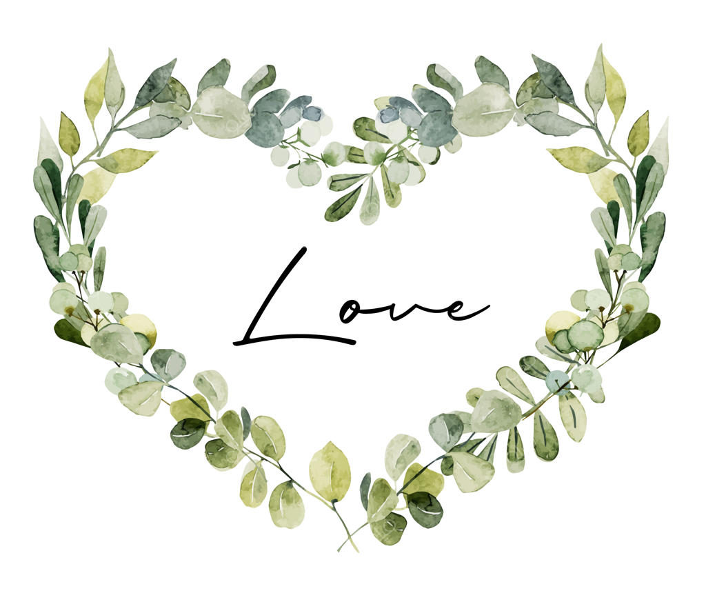 قاب قلبی با شاخه‌ها، برگ‌ها و اکالیپتوس به رنگ سبز آبرنگی