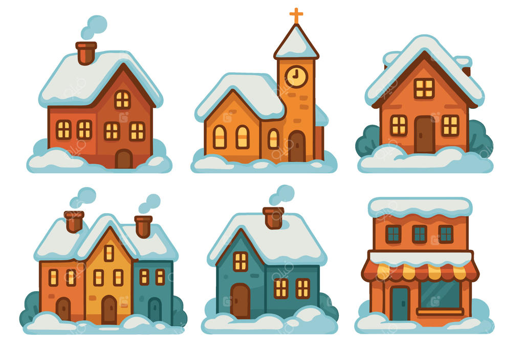 منظره دهکده زمستانی با خانه‌های دنج و کلیسا