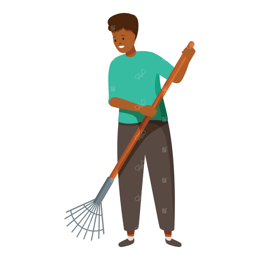 باغبان در حال جمع‌آوری برگ‌ها در باغ، کارهای پاییزی و فعالیت‌های باغبانی