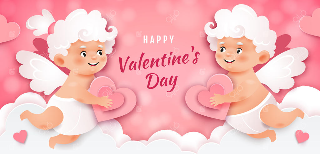 بنر ولنتاین همراه با دو فرشته عشق که قلب در دست دارند