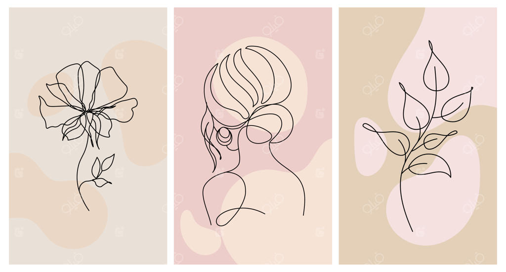 پرتره زن و گل‌ها: مجموعه پوستر، طراحی خطی با خط سیاه و پس‌زمینه رنگ‌های پاستلی抽象