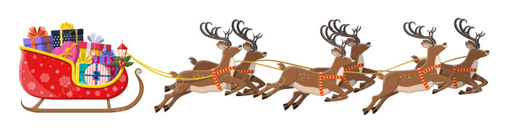 سورتمه بابانوئل پر از هدایا و گوزن‌های شمالی‌اش