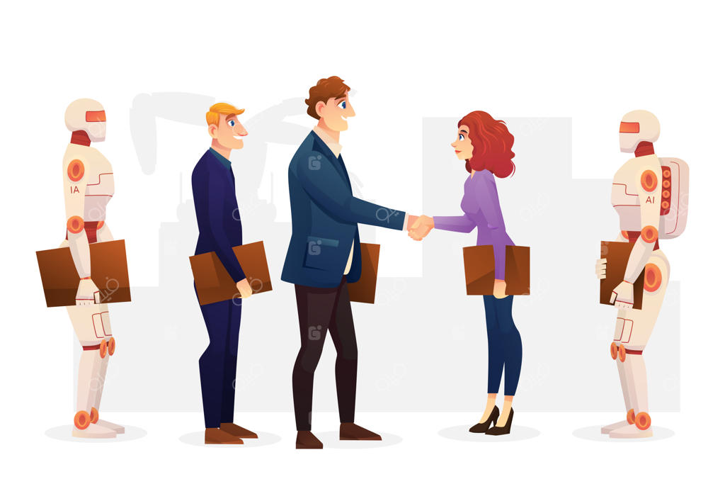 ملاقات و مذاکره تجاری میان کارآفرین، مدیر عامل و ربات دستیار: دستیابی به توافق و قرارداد همکاری