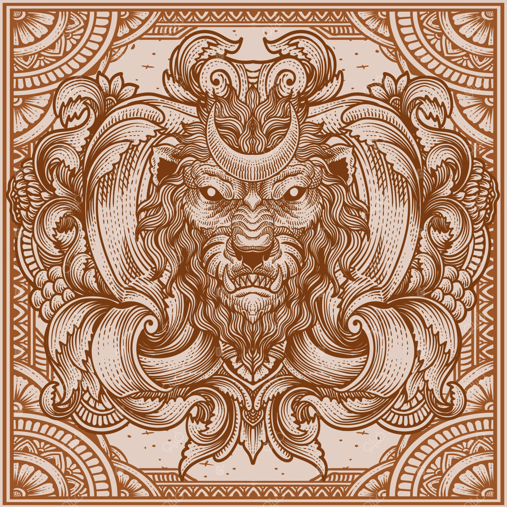 تصویر سر شیر با تزئینات حکاکی قدیمی