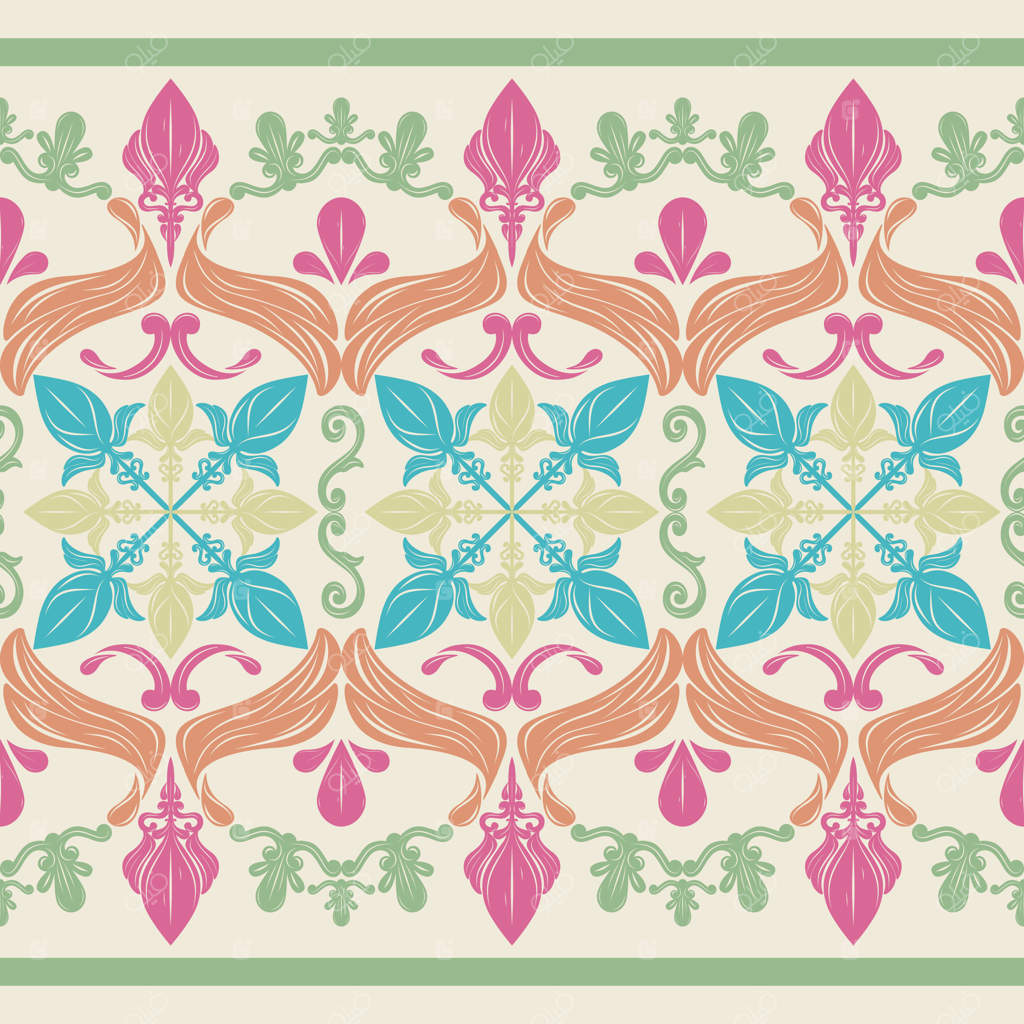 باغ شیرین با گل‌های صورتی، سبز، آبی و نارنجی و برگ‌ها و غنچه‌ها با حاشیه‌های منظم و تزیینات برجسته - طراحی دستی زیبا برای تزئینات لوکس و گلدوزی ابریشمی برای برندینگ پوشاک