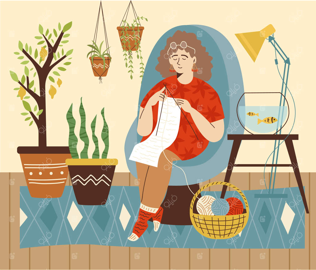 زن در حال بافتنی در اتاق دنج و زیبا با گیاهان آپارتمانی - تصویر سازی وکتور