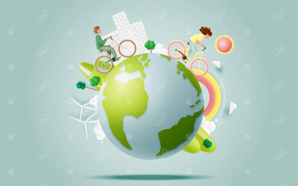 زوج جوان در حال دوچرخه‌سواری برای روز جهانی دوچرخه و روز بدون خودرو - تصویرسازی مفهومی با رنگ‌های پاستلی