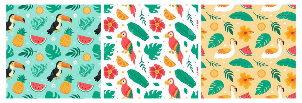 طرح‌های زنده و گرمسیری شامل پرندگان و میوه‌ها به صورت وکتور حرفه‌ای