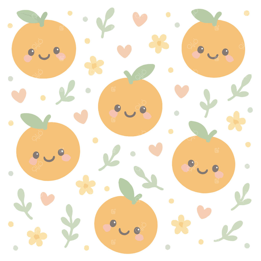 الگوی کارتونی بامزه پرتقال با طرح قلب گل و برگ