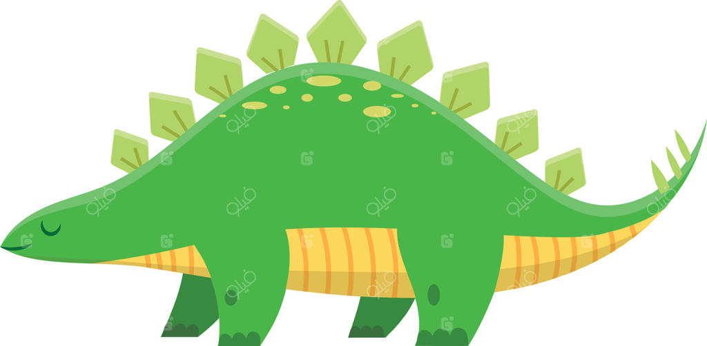 استگوساروس سبز و خوشحال به سمت چپ تصویر حرکت می‌کند. این تصویر رنگارنگ برای کتاب کودکان یا مطالب آموزشی ایده‌آل است.