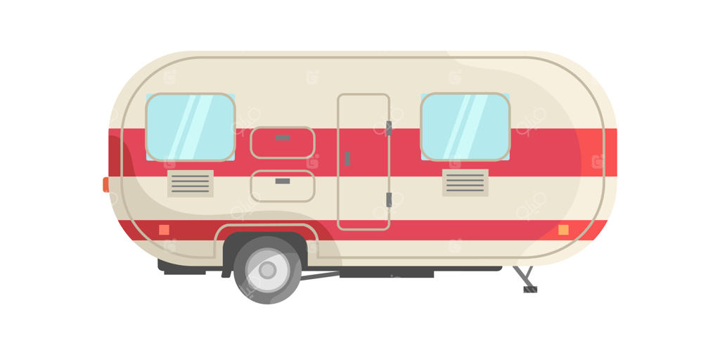 آیکون وکتور مسطح تریلر سفید با نوارهای قرمز برای تورهای تابستانی در فضای باز