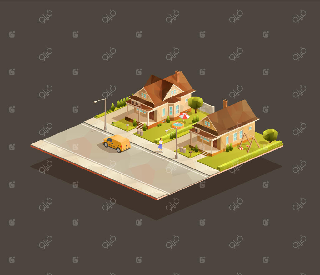 مجموعه‌ای از خانه‌های خانوادگی ایزومتریک در حومه شهر با یک مینی‌ون در خیابان