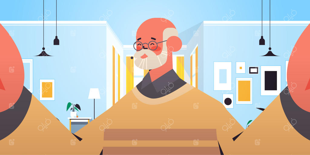 پیرمرد خوشحال در حال گرفتن سلفی با دوربین گوشی هوشمند - تصویرسازی فضای داخلی اتاق نشیمن