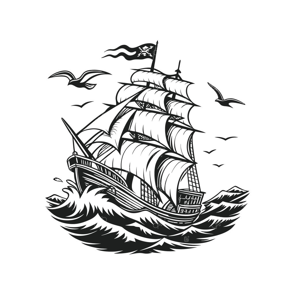تصویرسازی سیاه و سفید کشتی دزدان دریایی در صحنه‌ای دریایی برای برندینگ ماجراجویانه