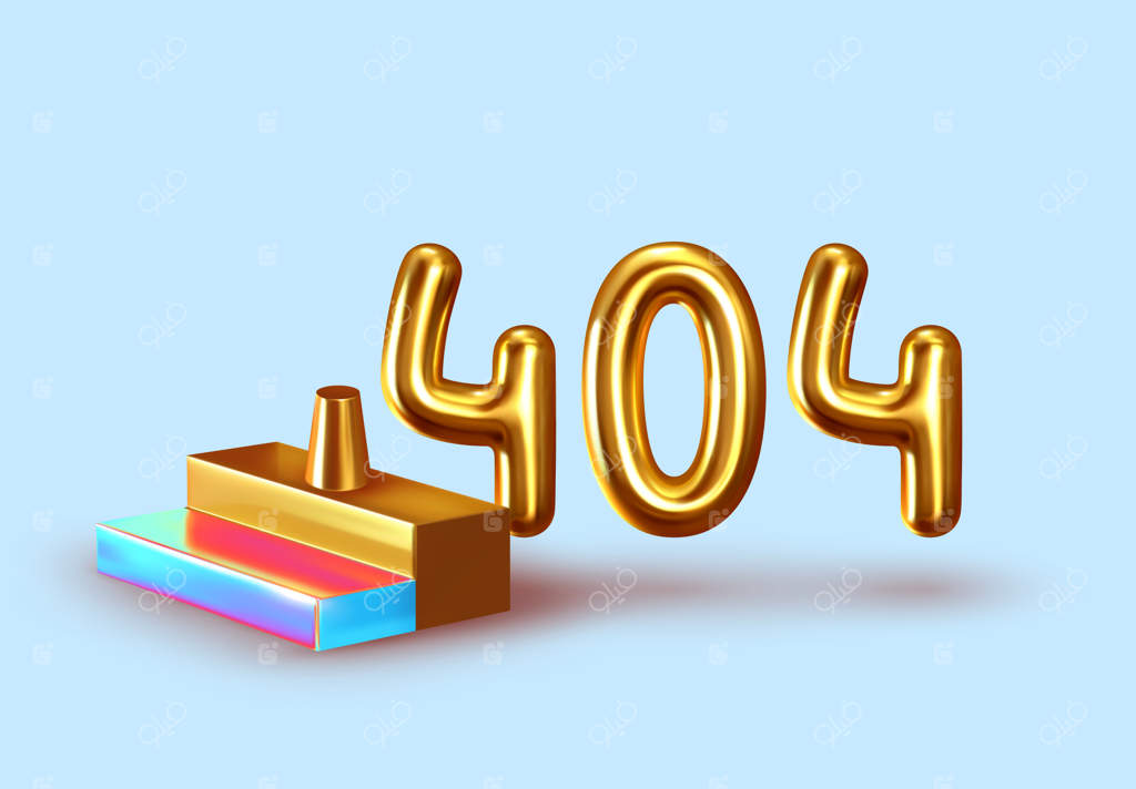 طراحی مینیمال پس‌زمینه با اشکال سه‌بعدی. رندر واقع‌گرایانه اشیاء. پوستر طراحی خلاقانه، هنر مینیمال مدرن، خطای 404 با اعداد طلایی برجسته، تصویرسازی وکتور.