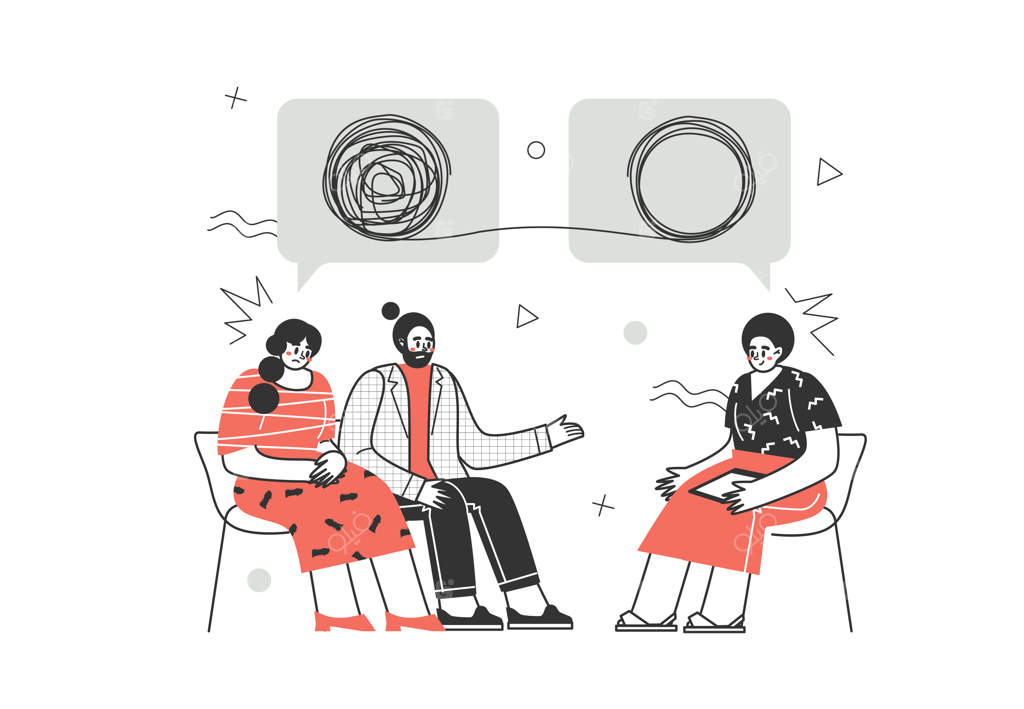 مراجعان و روانشناسان: حمایت از سلامت روان. مفهوم روانپزشکی اجتماعی، درمانگر و بیمار. درمان استرس، اعتیادها و مشکلات روانی. تصویرسازی برداری.