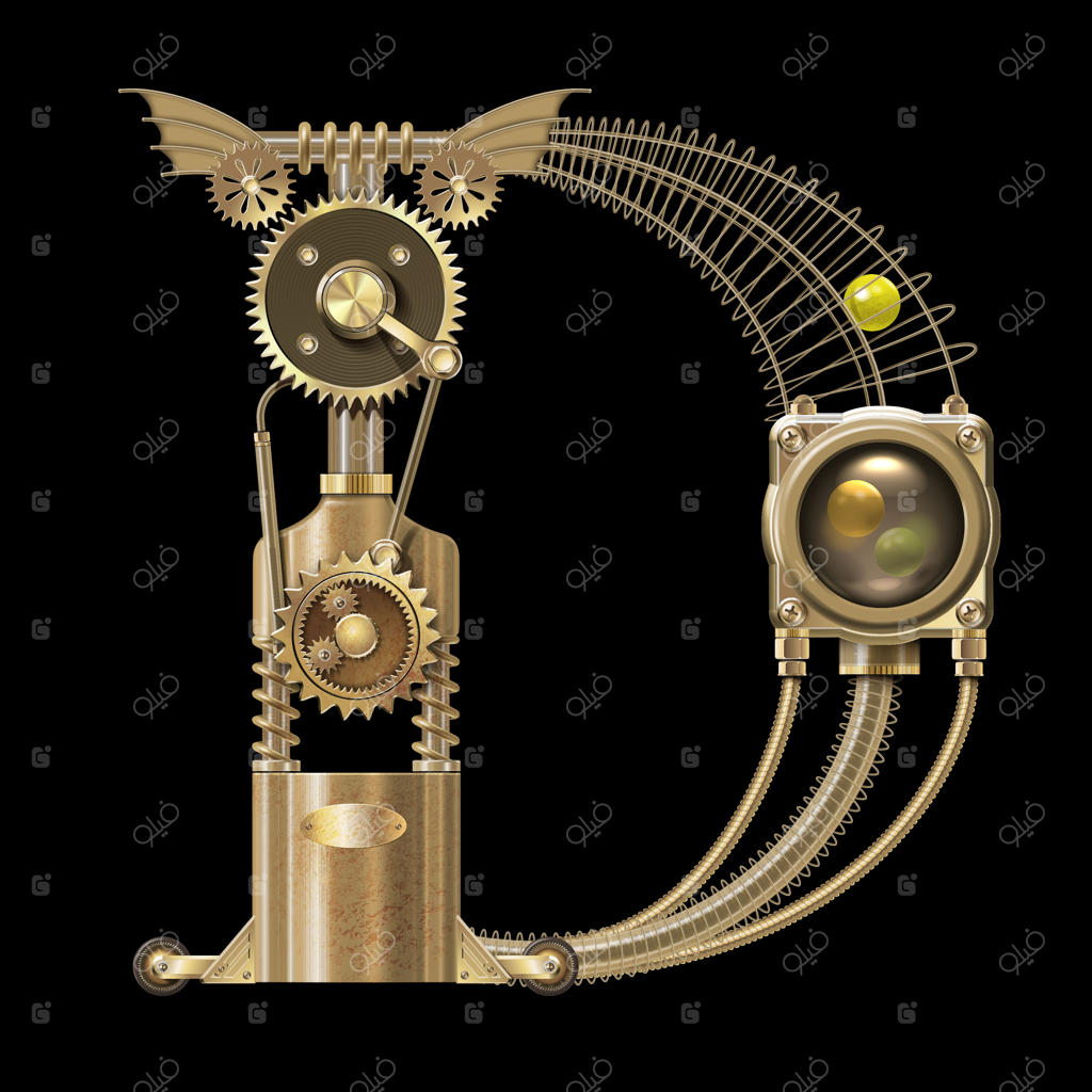 حرف بزرگ D در الفبای مکانیکی با چرخ‌دنده‌ها و عناصر فلزی - تصویر وکتور