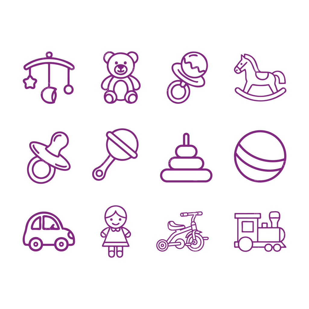 مجموعه آیکون‌های اسباب‌بازی کودک: عروسک خرسی، اسب گهواره‌ای، پستانک، جغجغه، هرم بازی، توپ، ماشین، عروسک، سه‌چرخه، قطار.