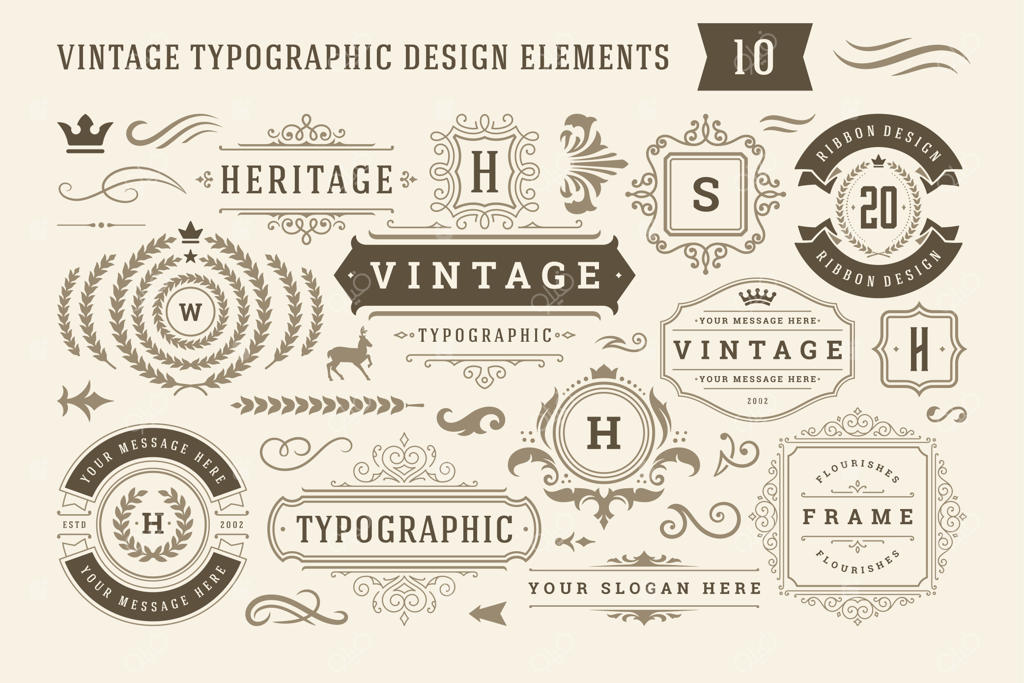 تصویر وکتور مجموعه عناصر طراحی تایپوگرافی وینتج