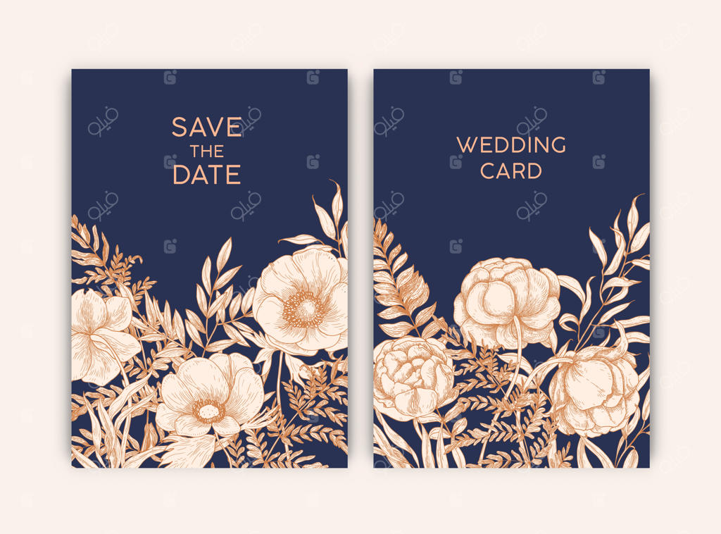 مجموعه‌ای از قالب‌های گل‌دار برای کارت‌های ذخیره تاریخ و دعوت‌نامه‌های عروسی با تزیینات گل‌های باغی در حال شکوفایی