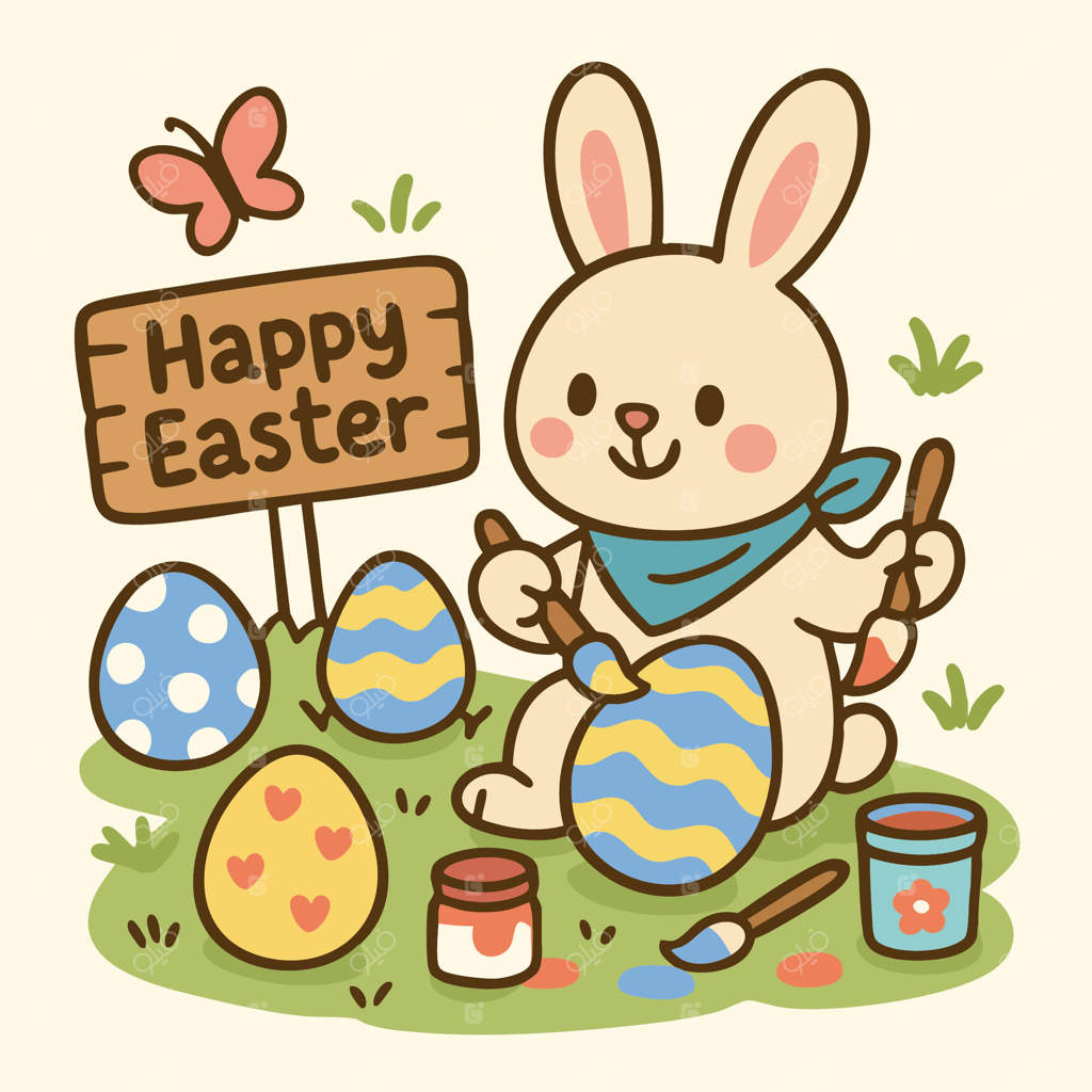 عید پاک مبارک! این خرگوش شاد در حال رنگ‌آمیزی تخم‌مرغ‌های رنگارنگ در باغی پر طراوت است و شادی روز عید پاک را با خلاقیت و لذت جشن می‌گیرد.