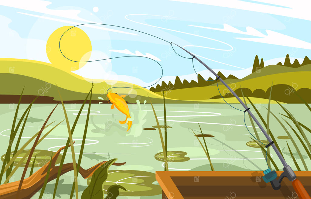 ماهیگیری در دریاچه با چشم‌انداز زیبا