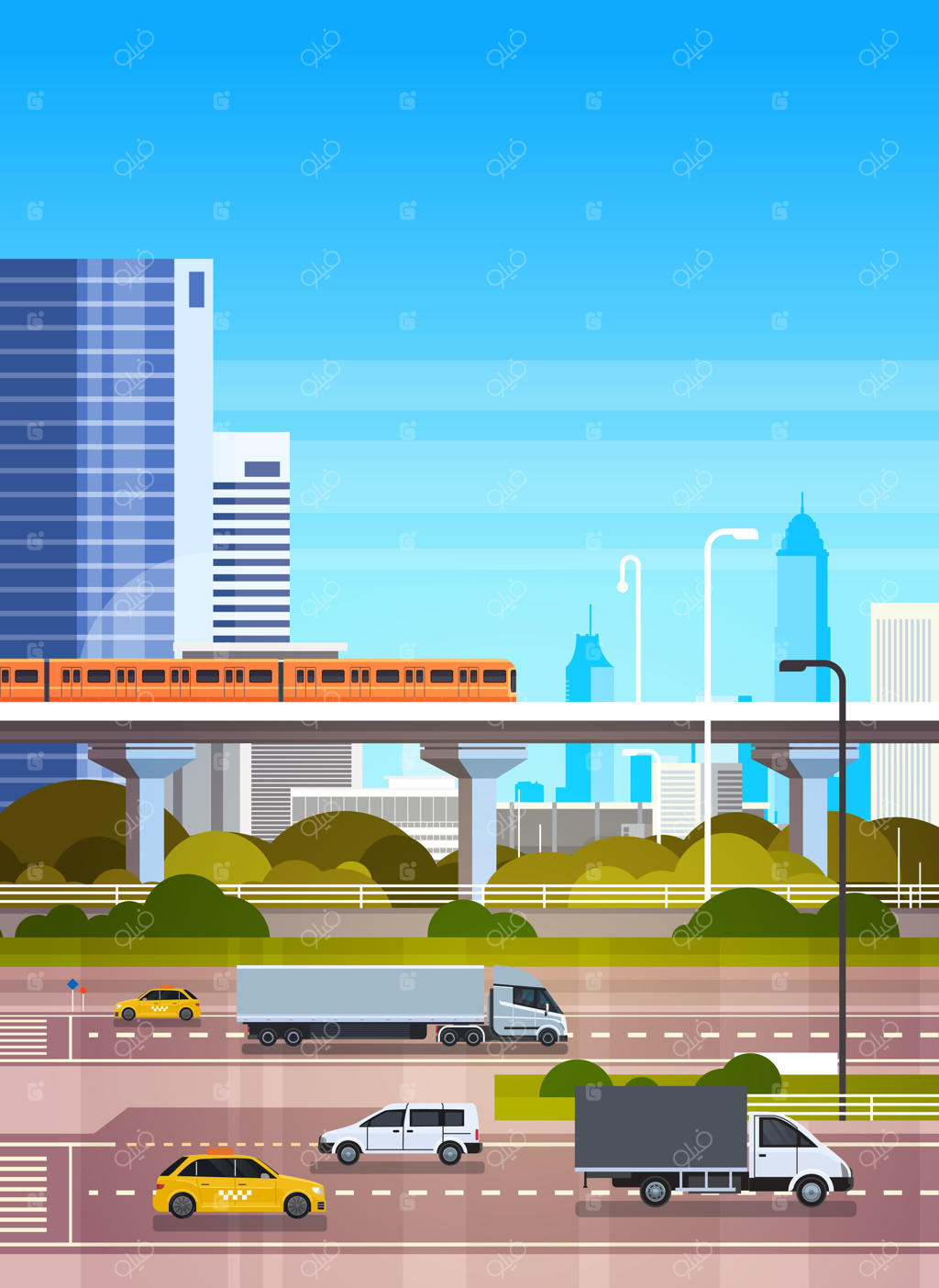 نقاشی شهری: منظره مدرن شهر با بزرگراه و مترو بر فراز آسمان‌خراش‌ها